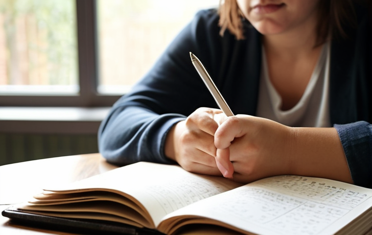 **
A person sitting at a desk, writing in a journal. Soft, natural light. The journal entry reflects a moment of emotional struggle related to a values-based decision. In the background, blurry images representing career opportunities and community involvement create a sense of conflict. Focus on conveying the internal conflict and self-reflection involved in identifying emotions. Keywords: journal, emotional, decision, values, conflict, writing, reflection.
**