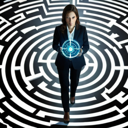 Home 22 **A businesswoman confidently navigating a complex maze using a digital compass projecting scenario simulations, with ethical values icons floating around her.** (Focus: Decisive woman, futuristic navigation, blending tech and values)