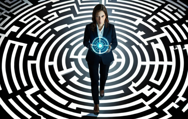**A businesswoman confidently navigating a complex maze using a digital compass projecting scenario simulations, with ethical values icons floating around her.** (Focus: Decisive woman, futuristic navigation, blending tech and values)