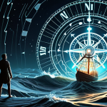 A solitary figure stands at the helm of a metaphorical ship, navigating through a turbulent digital sea filled with abstract data streams, glowing algorithms, and uncertain pathways. A radiant compass or a glowing anchor at their side acts as a steady guide, cutting through the swirling information, symbolizing how core values provide direction and stability amidst the chaos and rapid pace of the modern digital era. Emphasize clarity and purpose emerging from complexity.