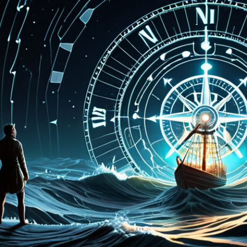 Home 21 A solitary figure stands at the helm of a metaphorical ship, navigating through a turbulent digital sea filled with abstract data streams, glowing algorithms, and uncertain pathways. A radiant compass or a glowing anchor at their side acts as a steady guide, cutting through the swirling information, symbolizing how core values provide direction and stability amidst the chaos and rapid pace of the modern digital era. Emphasize clarity and purpose emerging from complexity.