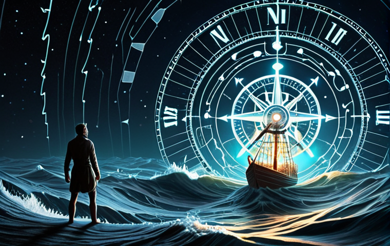 A solitary figure stands at the helm of a metaphorical ship, navigating through a turbulent digital sea filled with abstract data streams, glowing algorithms, and uncertain pathways. A radiant compass or a glowing anchor at their side acts as a steady guide, cutting through the swirling information, symbolizing how core values provide direction and stability amidst the chaos and rapid pace of the modern digital era. Emphasize clarity and purpose emerging from complexity.