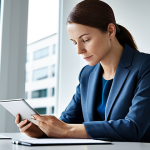 A thoughtful adult businesswoman, wearing a modest business suit, sitting comfortably at a sleek, modern office desk. She is looking intently at a digital tablet displaying strategic notes, with a subtle glow suggesting deep insight into personal values and negotiation strategy. The background is a blurred, contemporary office space with natural light, conveying focus and strategic thinking. fully clothed, appropriate attire, modest clothing, professional dress, safe for work, appropriate content, perfect anatomy, correct proportions, natural pose, well-formed hands, proper finger count, natural body proportions, professional photography, high quality.