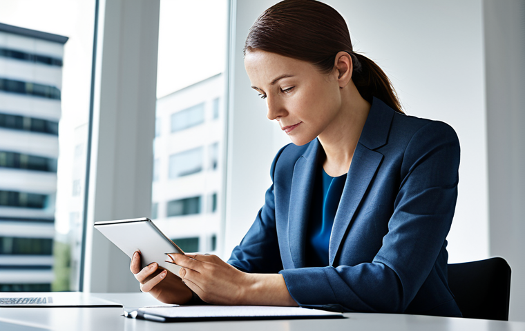 A thoughtful adult businesswoman, wearing a modest business suit, sitting comfortably at a sleek, modern office desk. She is looking intently at a digital tablet displaying strategic notes, with a subtle glow suggesting deep insight into personal values and negotiation strategy. The background is a blurred, contemporary office space with natural light, conveying focus and strategic thinking. fully clothed, appropriate attire, modest clothing, professional dress, safe for work, appropriate content, perfect anatomy, correct proportions, natural pose, well-formed hands, proper finger count, natural body proportions, professional photography, high quality.