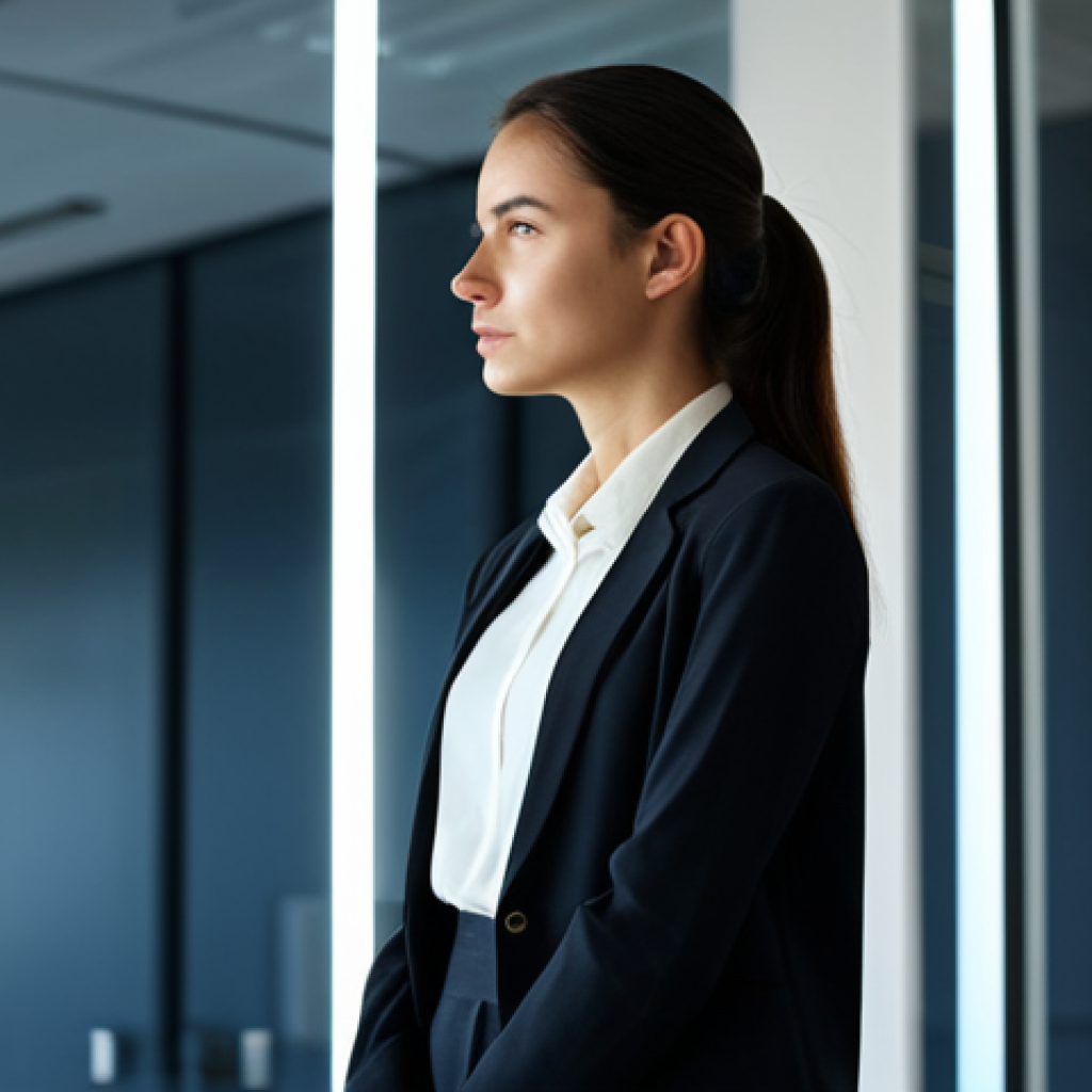 A calm and focused business professional, female, wearing a modest dark blazer and light blouse, stands contemplatively in a minimalist, sunlit modern office. Her gaze is directed towards a translucent digital display showing abstract, interconnected concepts, symbolizing core values and strategic pillars. The background is softly blurred, emphasizing her thoughtful posture. The scene conveys deep reflection and strategic clarity. safe for work, appropriate content, fully clothed, professional, perfect anatomy, correct proportions, natural pose, well-formed hands, proper finger count, natural body proportions, professional photography, high quality image.