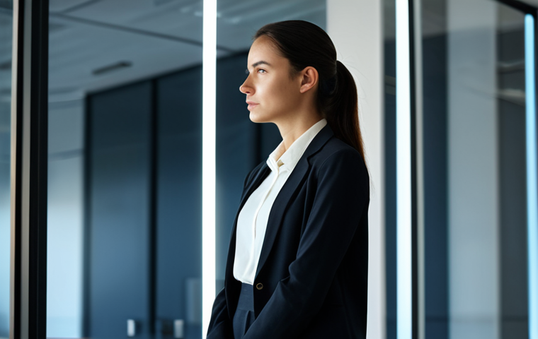 A calm and focused business professional, female, wearing a modest dark blazer and light blouse, stands contemplatively in a minimalist, sunlit modern office. Her gaze is directed towards a translucent digital display showing abstract, interconnected concepts, symbolizing core values and strategic pillars. The background is softly blurred, emphasizing her thoughtful posture. The scene conveys deep reflection and strategic clarity. safe for work, appropriate content, fully clothed, professional, perfect anatomy, correct proportions, natural pose, well-formed hands, proper finger count, natural body proportions, professional photography, high quality image.