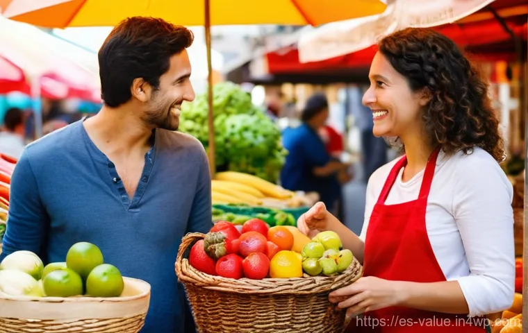 가치 기반 의사결정과 사회적 책임 - **Prompt 1: Conscious Choices at a Local Market**
    A vibrant, sunlit scene at a bustling communit...