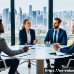 Home 21 가치 기반 의사결정과 조직의 비전 - A diverse group of professional business people gathered around a modern conference table in a brigh...