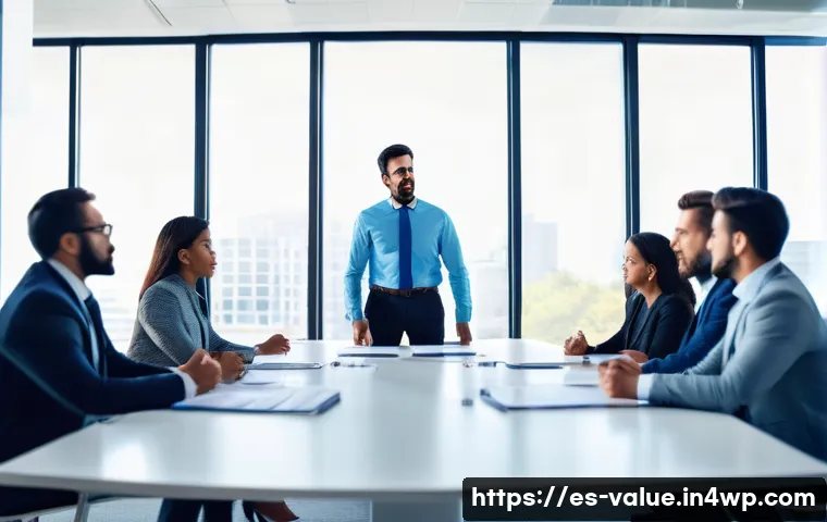 가치 기반 의사결정의 실패 원인 분석 - A diverse professional team gathered around a modern conference table in a bright, open office space...