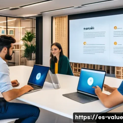Home 30 가치 기반 의사결정과 기술 혁신의 관계 - A modern technology startup office in Spain with diverse professionals collaborating on ethical AI d...