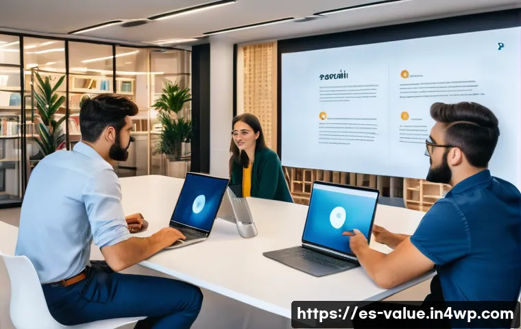 가치 기반 의사결정과 기술 혁신의 관계 - A modern technology startup office in Spain with diverse professionals collaborating on ethical AI d...