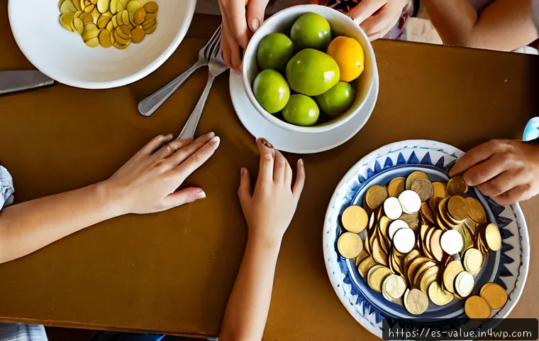 가치 기반 의사결정의 기초 지식 - Photorealistic overhead view of a Spanish family at a sunlit kitchen table making a thoughtful house...