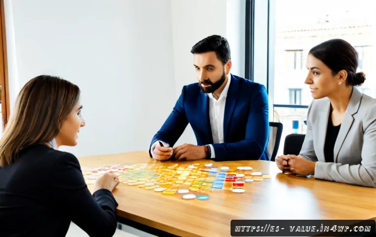 가치 기반 의사결정의 성공 요인 분석 - Photorealistic Spanish business team in a bright Madrid office, diverse adults seated around a clean...